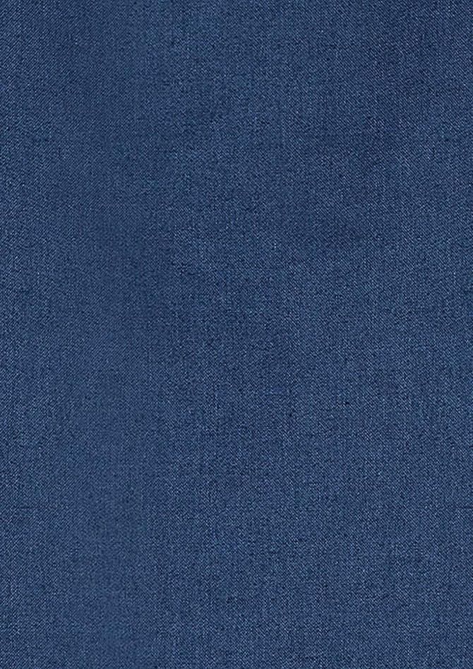 A dark blue fabric with a smooth texture, suitable for button-up shirts. Features a logo.