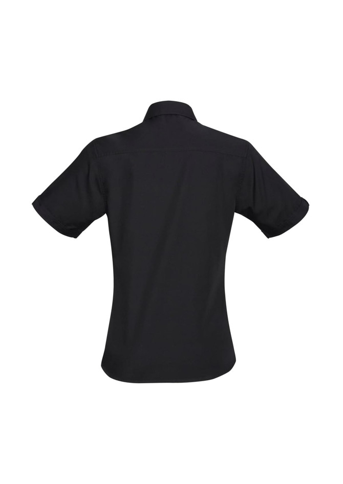A black short-sleeve button-up shirt for women, featuring a simple design with a collar and a logo.