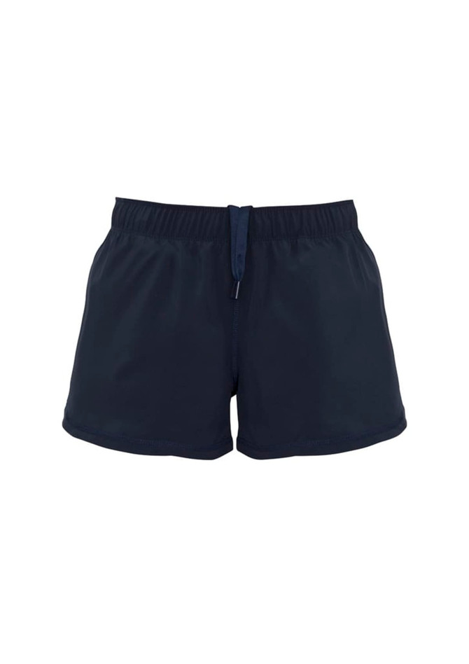 A pair of dark navy women's sports shorts with an elastic waistband and drawstring detail. Features a logo.