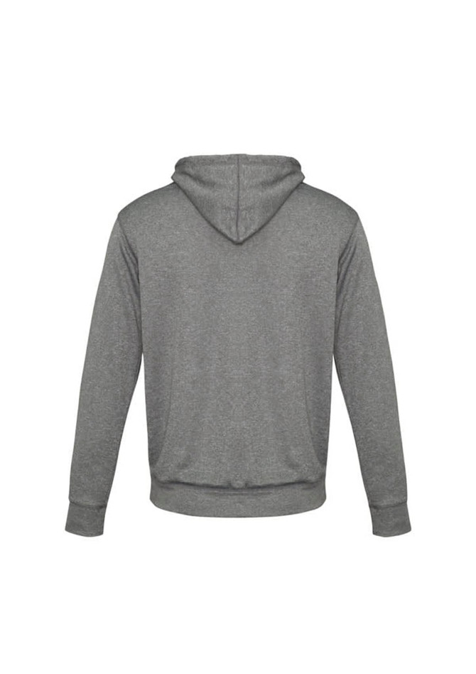 A grey hoodie for kids featuring a kangaroo pocket and a drawstring hood. It includes a logo on the back.