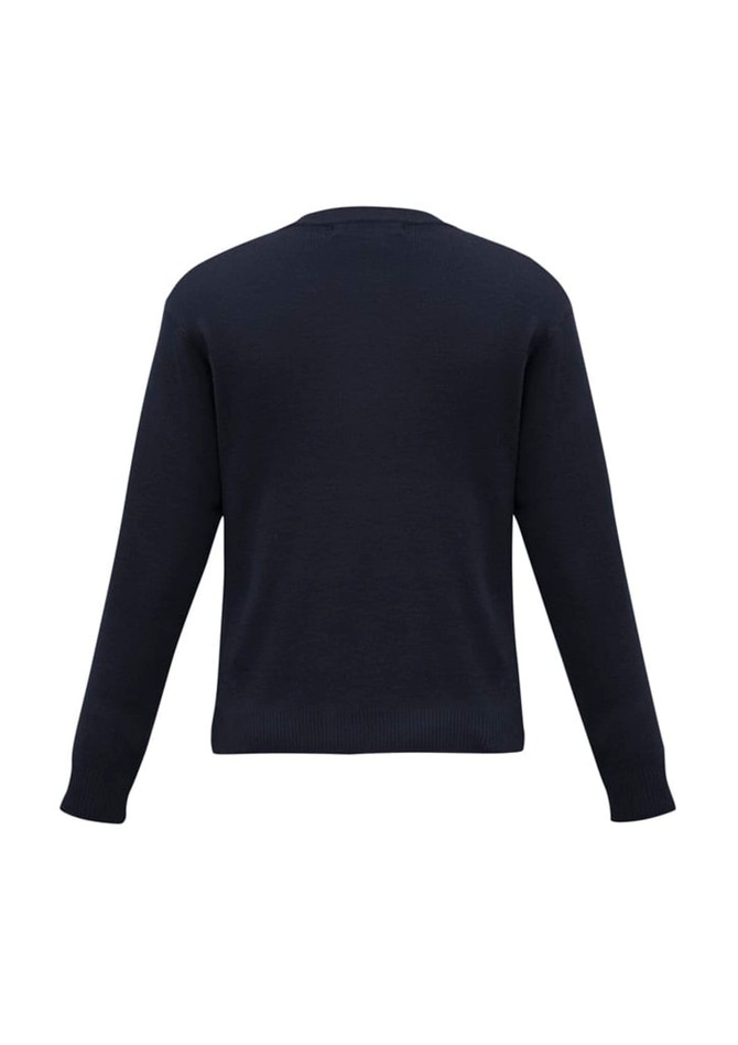A dark navy wool-mix knitted pullover with long sleeves and a crew neck. It has a logo on the back.