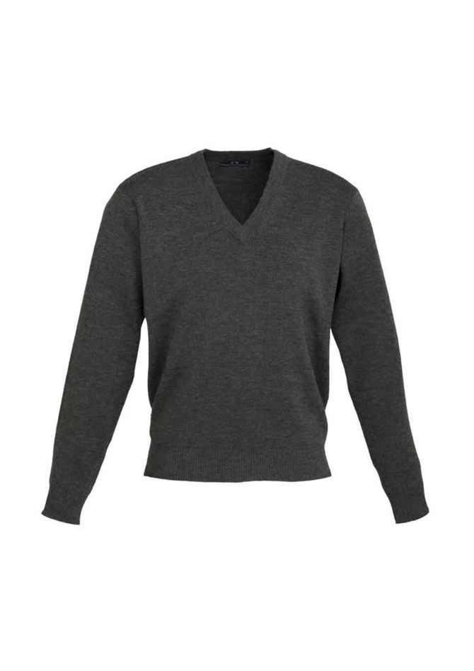 A dark grey men's woolmix knit pullover with a V-neck and long sleeves. It features a logo on the garment.
