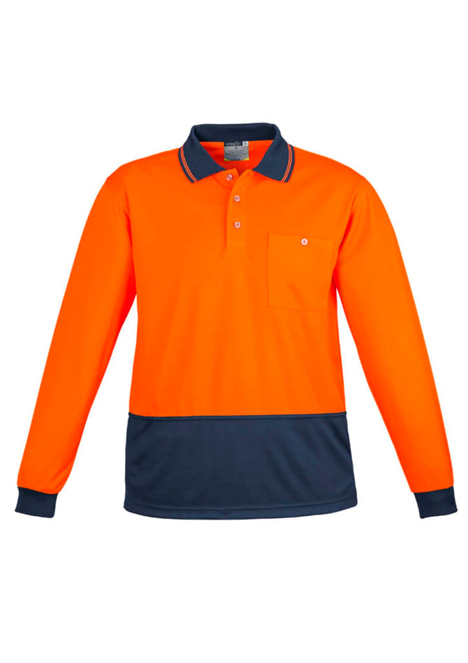 A long sleeve polo shirt in bright orange and navy, featuring a pocket and a logo. Ideal for workwear.