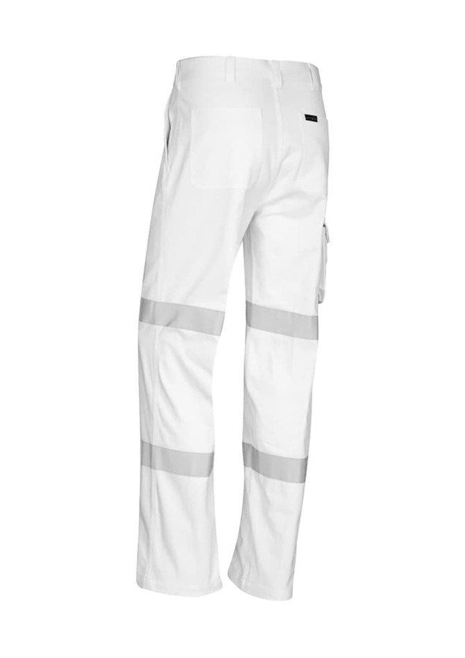 White work pants featuring reflective strips and a logo, designed for durability and comfort.
