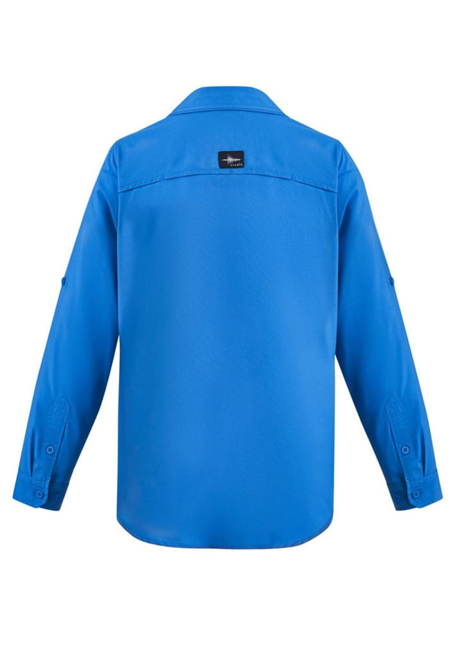 A blue long sleeve button-up shirt with a logo on the back. The shirt features a simple design and rolled sleeves.
