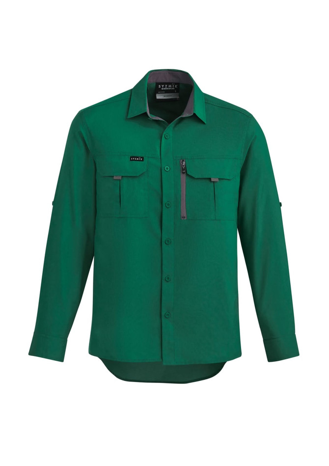 A green long sleeve button-up shirt with two chest pockets and a logo on the front.