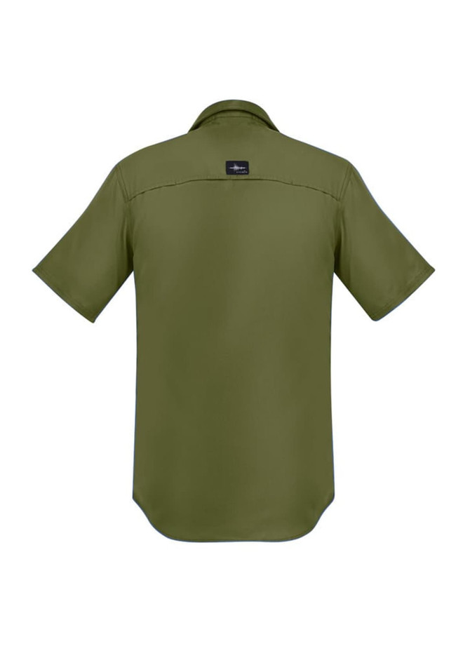 A short sleeve shirt in olive green, featuring a collar and a logo on the back.