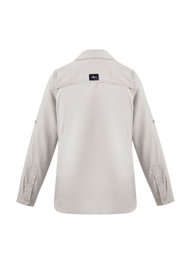 A light grey women's long sleeve outdoor shirt with a button-up design and a logo on the back.