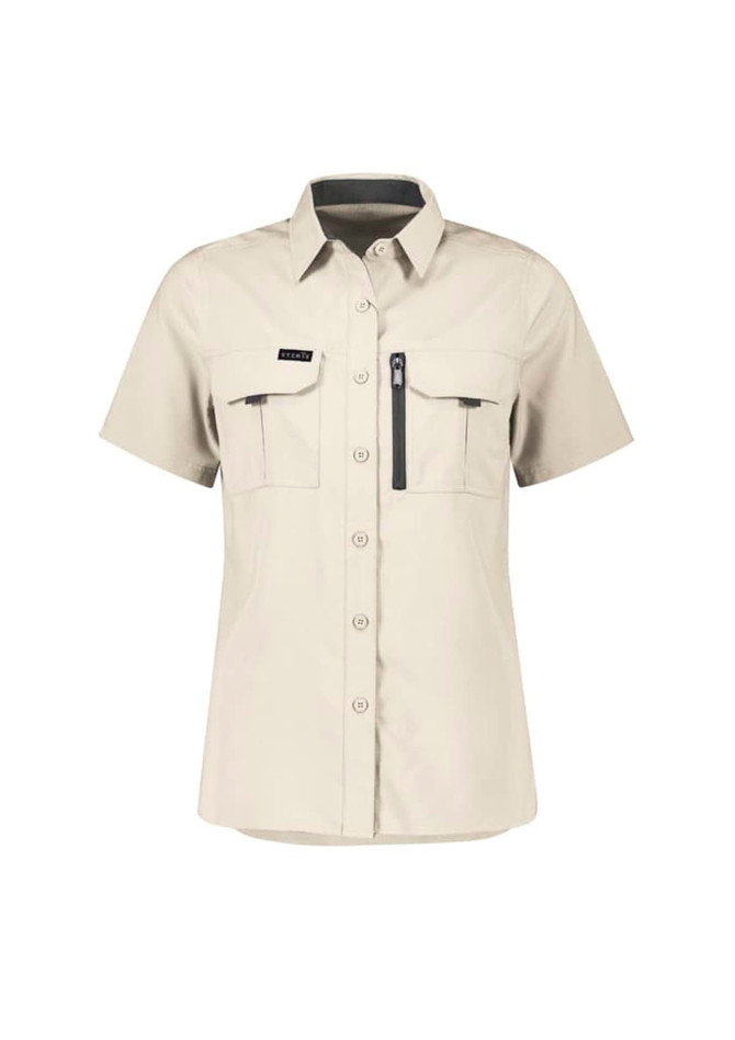 A light beige women's outdoor short sleeve shirt with button-up front and multiple pockets. It features a logo.