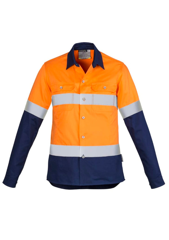 A long sleeve work shirt in orange and navy featuring reflective hoop tape and a logo.