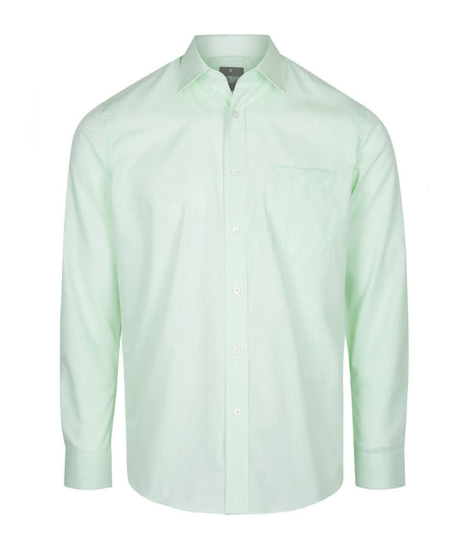 A light green button-up shirt with long sleeves and a chest pocket. It features a logo on the label.