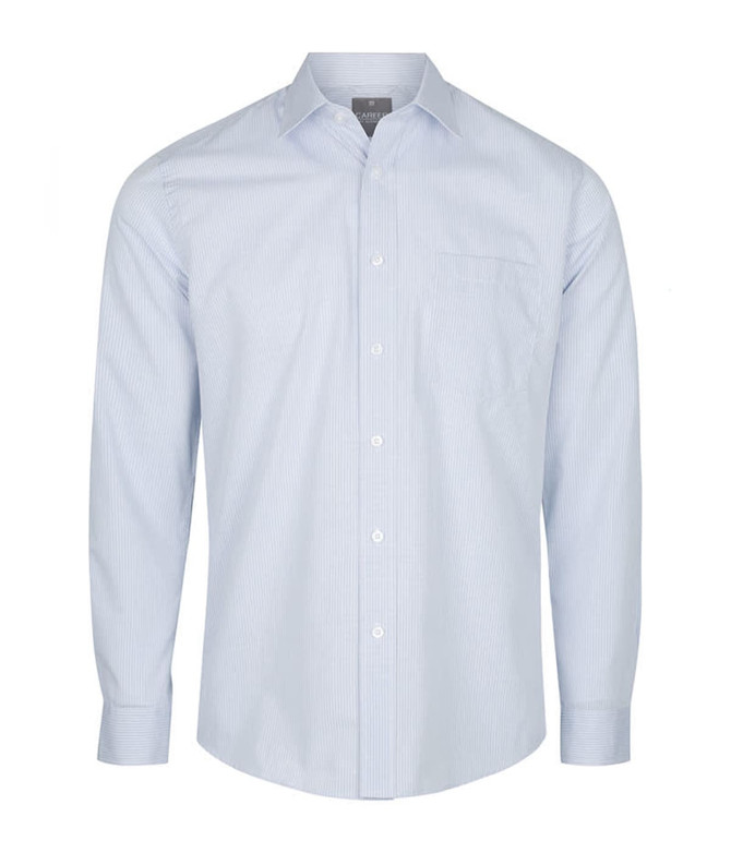 A light blue button-up shirt with a striped pattern and a single chest pocket. It features a logo on the label.