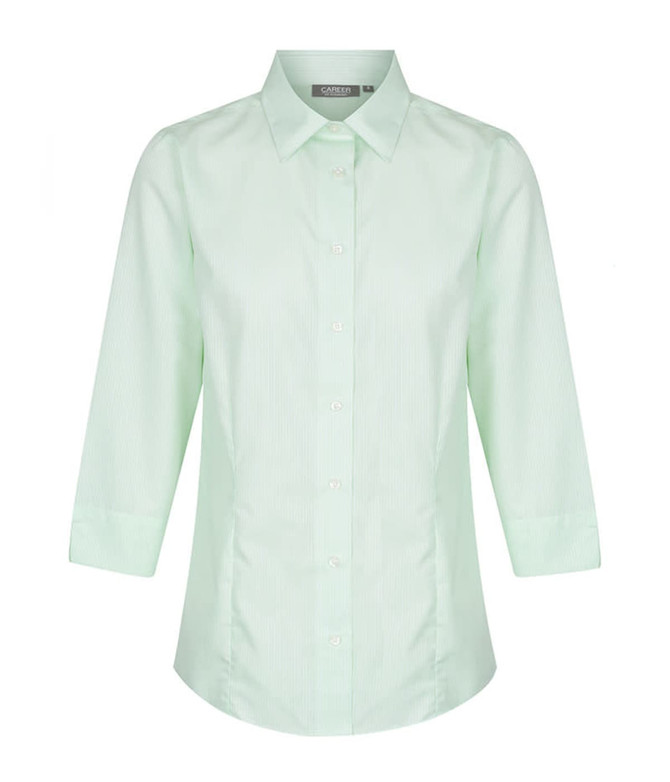 A light green shirt with a collar and three-quarter sleeves, featuring buttons down the front and a logo on the label.