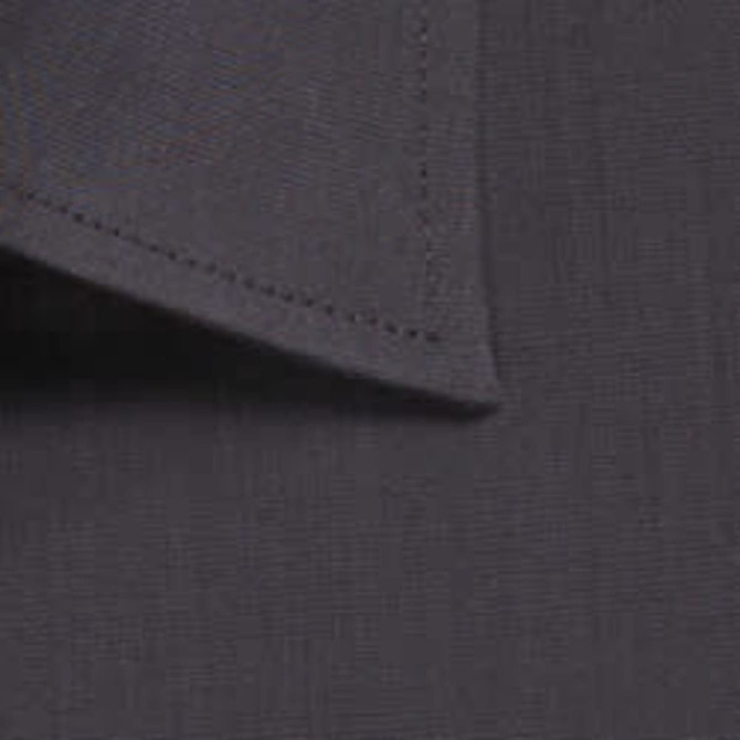 A button-up shirt featuring a textured dark grey fabric and a smooth collar design. It has a logo present.