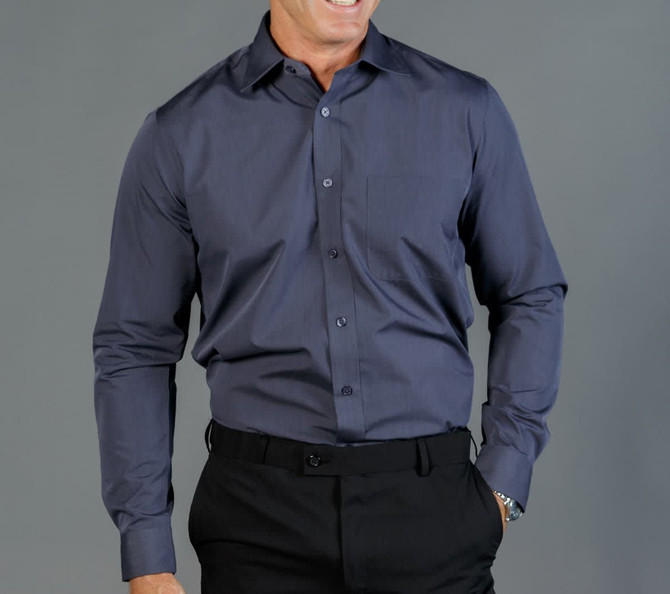 A button-up shirt in dark grey, featuring a pocket and long sleeves, worn by a model against a grey background.