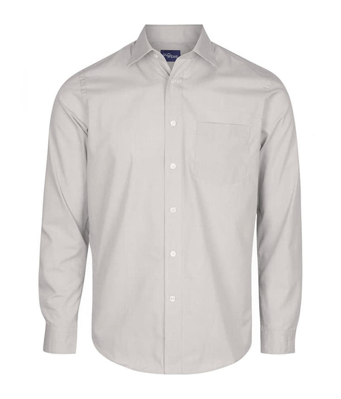 A button-up shirt in light grey with a single chest pocket and a collar. It features a logo on the label.