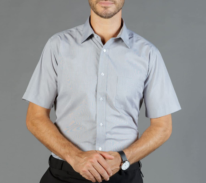 A short-sleeved, light grey button-up shirt with a pocket and a subtle striped pattern, featuring a logo.