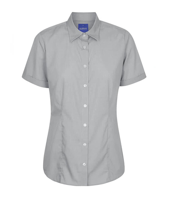 A grey button-up shirt with short sleeves and a small collar, featuring a logo at the neckline.