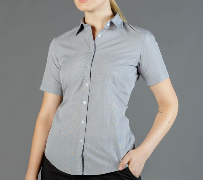 A button-up shirt in grey with a subtle striped pattern, featuring short sleeves and a collar. It has a logo.