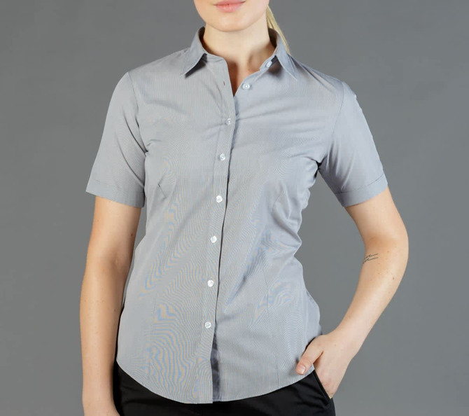 A button-up shirt in a light grey with short sleeves, featuring a subtle striped pattern and a logo.