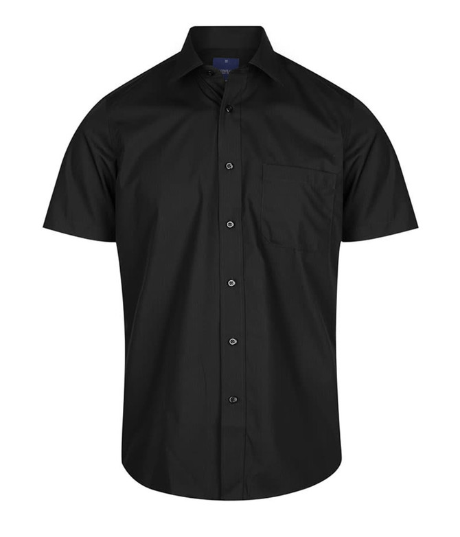 A black short-sleeve button-up shirt features a single chest pocket and a logo on the collar area.