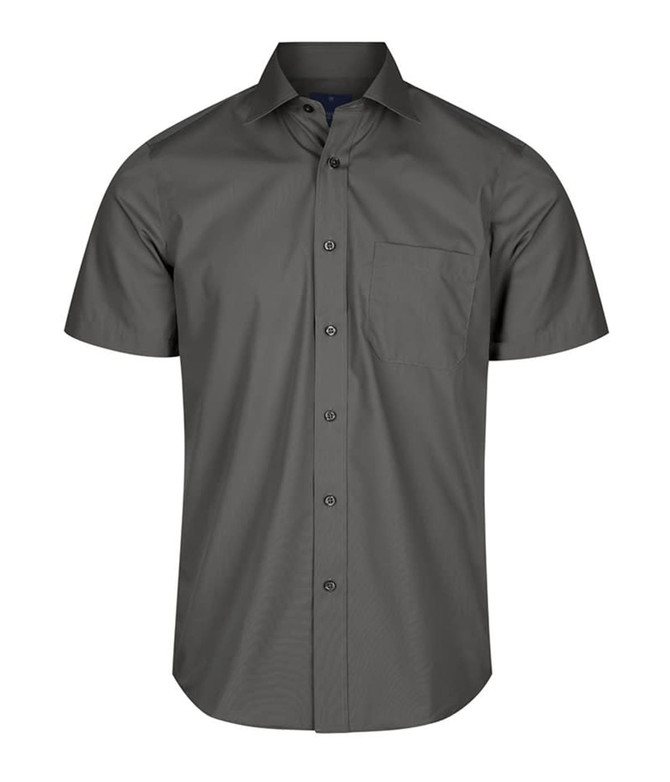 A short-sleeved button-up shirt in olive green with a single chest pocket and a logo.