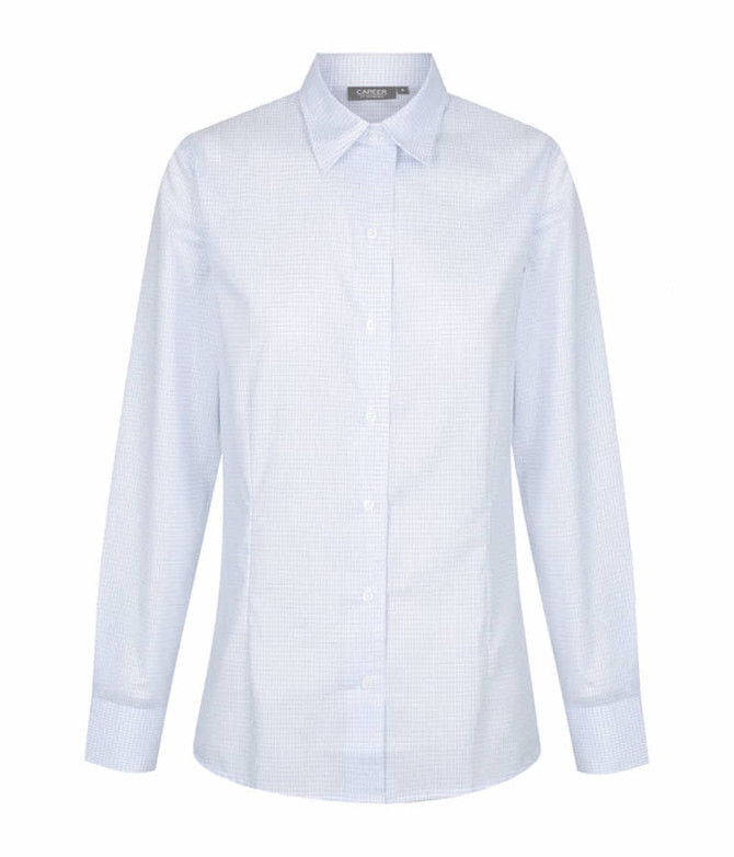 A button-up shirt featuring a light blue mini check pattern and a collar, with long sleeves. It includes a logo.