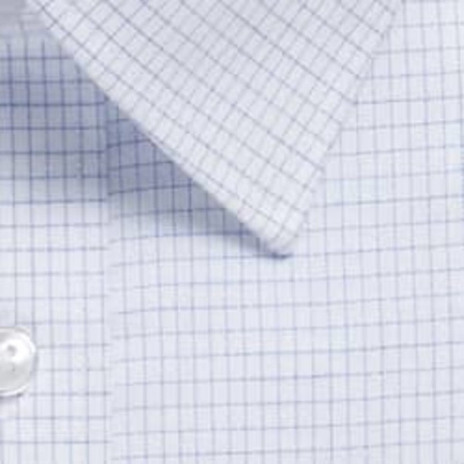 A button-up shirt with a blue and white mini check pattern, featuring a classic collar and button detail.