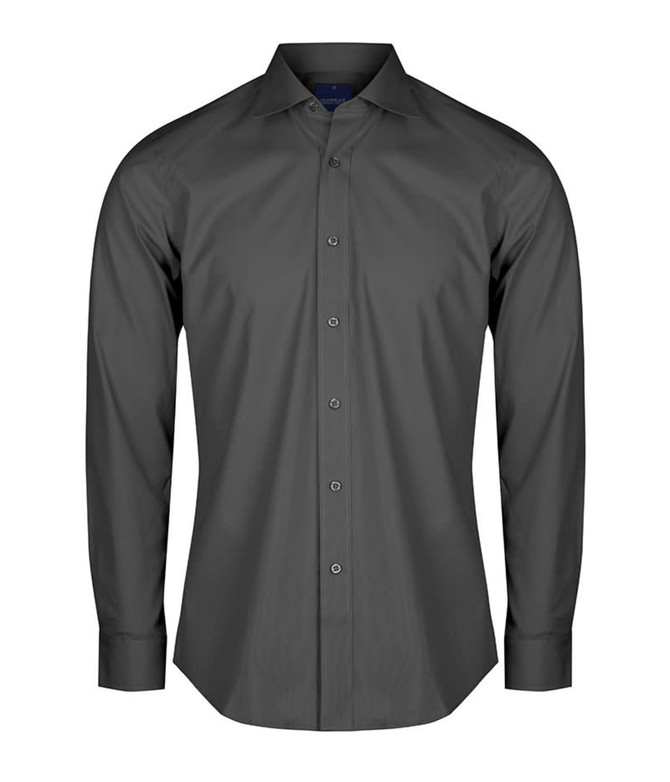 A dark grey button-up shirt with long sleeves and a collar, featuring a subtle logo.