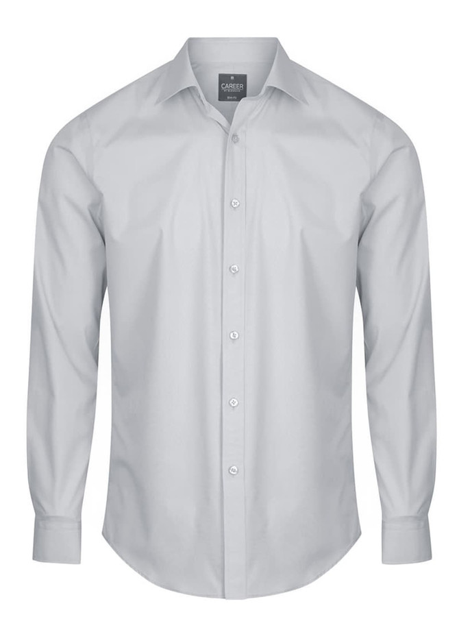 A light grey button-up shirt with long sleeves and a classic collar, featuring a logo on the chest.