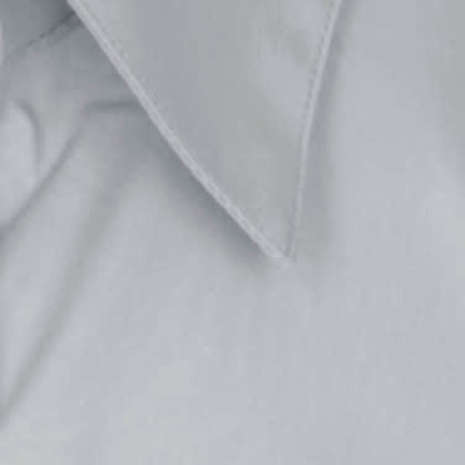A light grey button-up shirt featuring a classic collar and smooth fabric texture. Branding visible on the shirt.