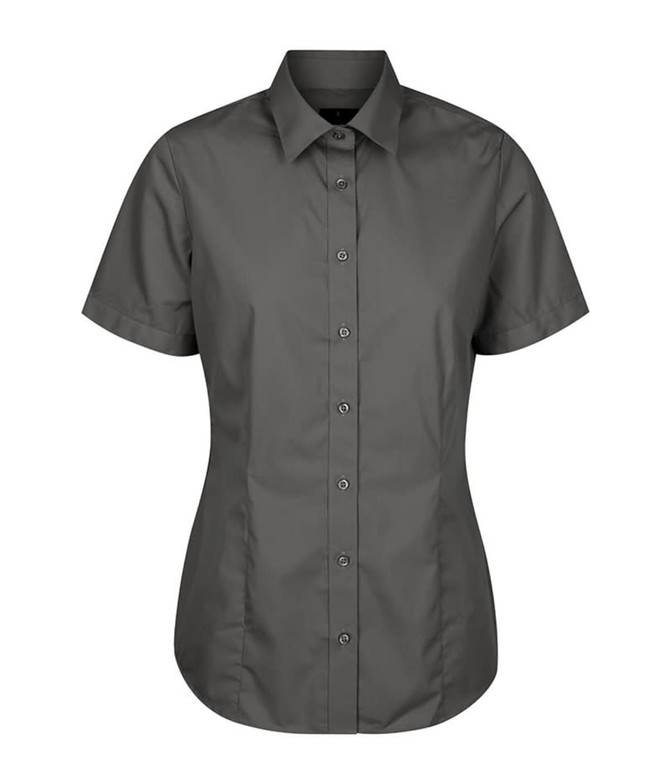 A short-sleeved button-up shirt in a dark grey colour, featuring a tailored fit and a collar. It has a logo.