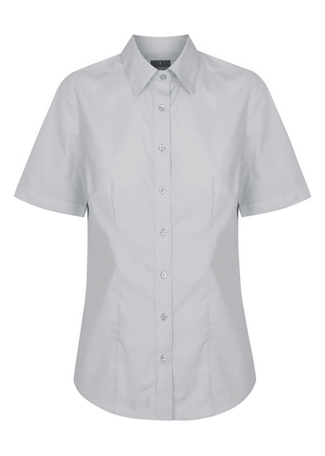 A light grey button-up shirt with short sleeves and a structured collar, featuring a branding logo.