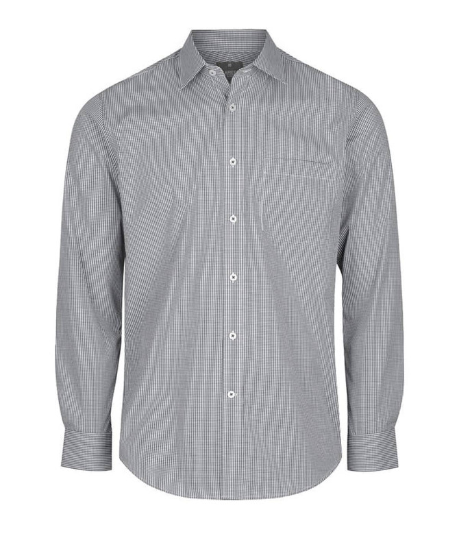 A button-up shirt featuring a black and white gingham pattern, with long sleeves and a collar. It has a logo.