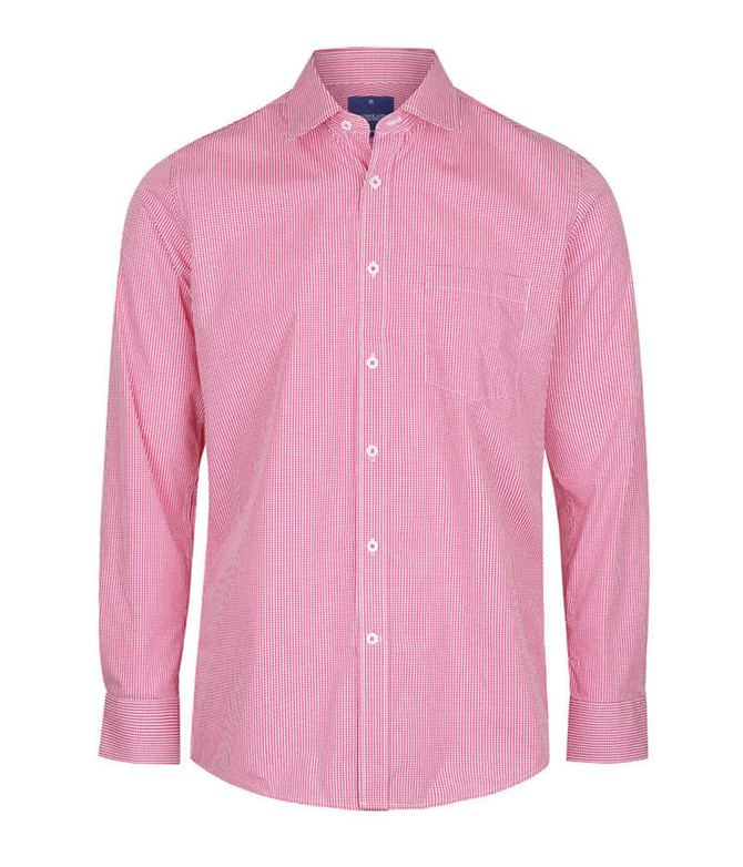 A red and white gingham button-up shirt with long sleeves and a chest pocket, featuring a logo.