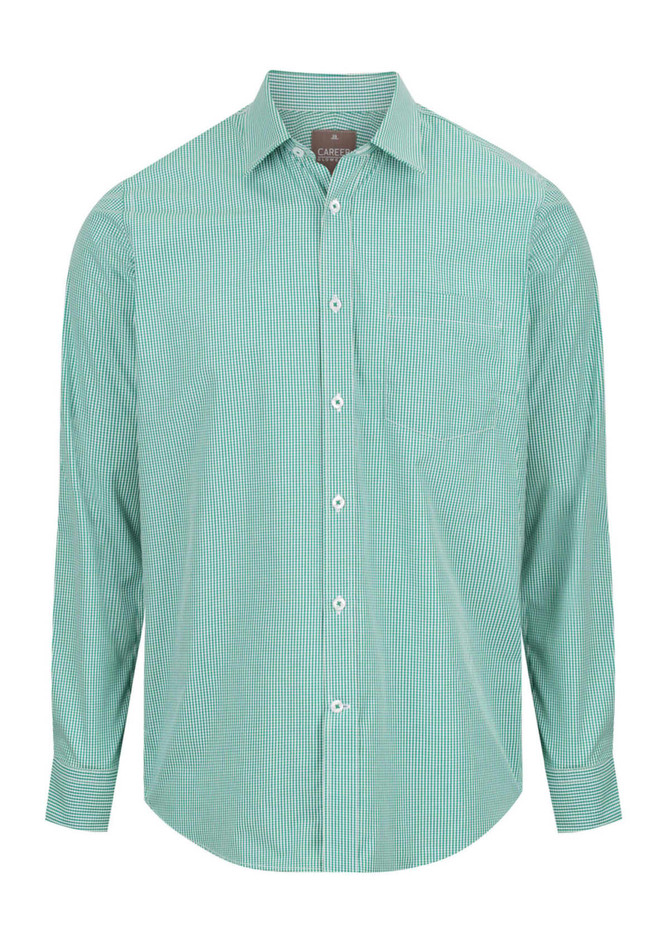 A button-up shirt in teal with white gingham patterns, featuring a chest pocket and long sleeves.