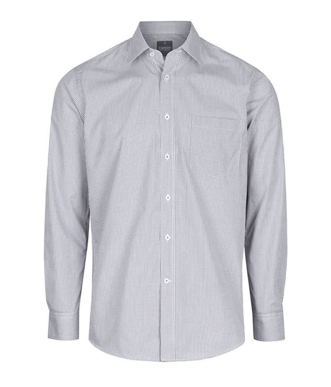 A button-up shirt in a grey and white gingham pattern with long sleeves and a pocket. It features a logo.