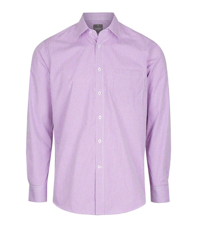 A button-up shirt in light purple and white gingham pattern with long sleeves and a chest pocket.