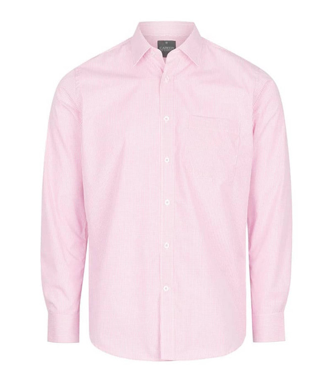 A pink and white gingham button-up shirt with long sleeves and a chest pocket. Features a branding logo.