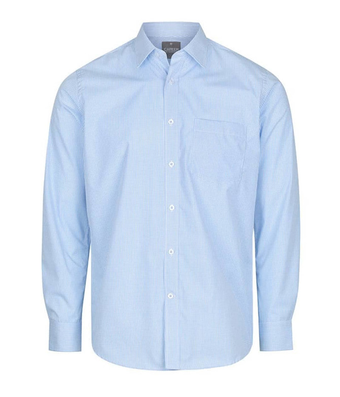 A button-up shirt in light blue with a gingham pattern and a chest pocket. Features long sleeves and a collar.