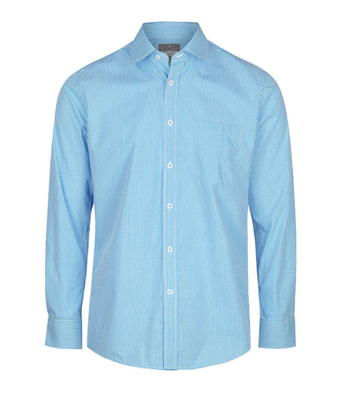 A blue and white checkered button-up shirt with a single chest pocket and long sleeves. The shirt has a logo.