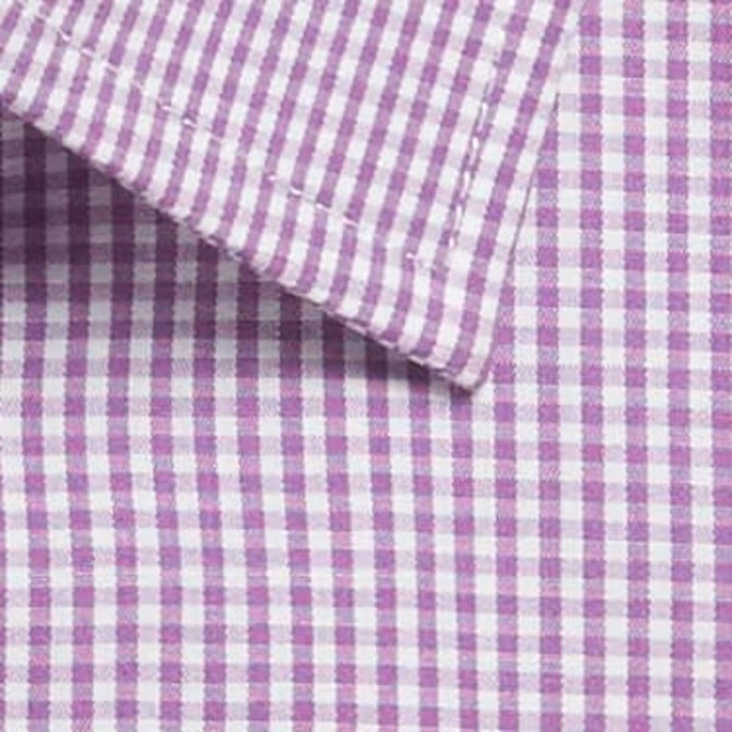 A close-up of a button-up shirt featuring a purple and white gingham pattern, with a view of the collar and fabric texture.