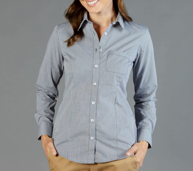 A button-up shirt in navy and white gingham with long sleeves and a collar, featuring a logo.