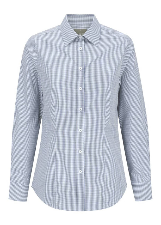 A button-up shirt featuring a blue and white gingham pattern, with long sleeves and a pointed collar. It has a logo.