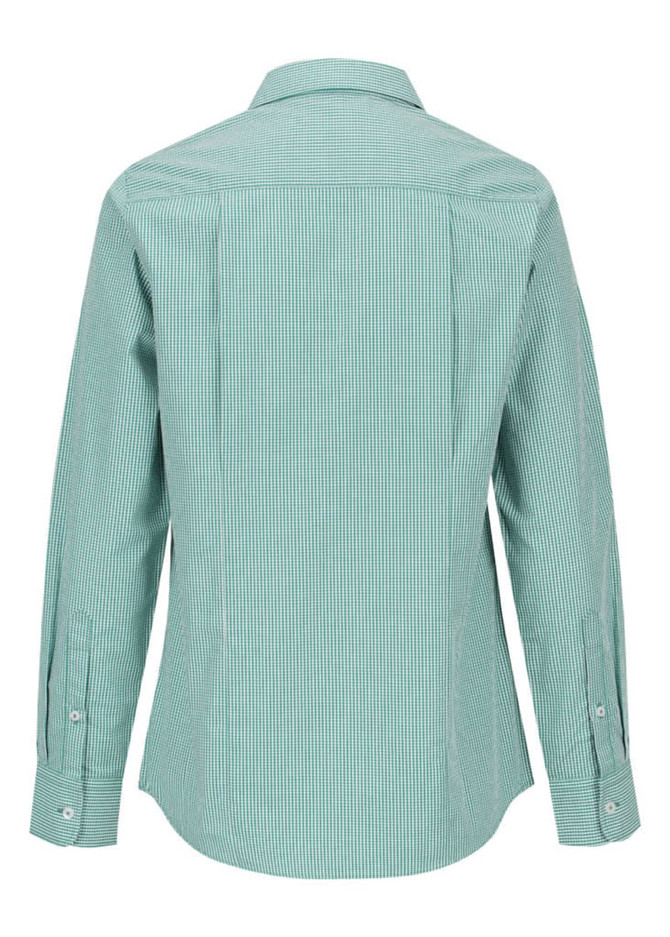 A button-up shirt in a teal gingham pattern, featuring long sleeves and a collar, with a branding logo on the back.