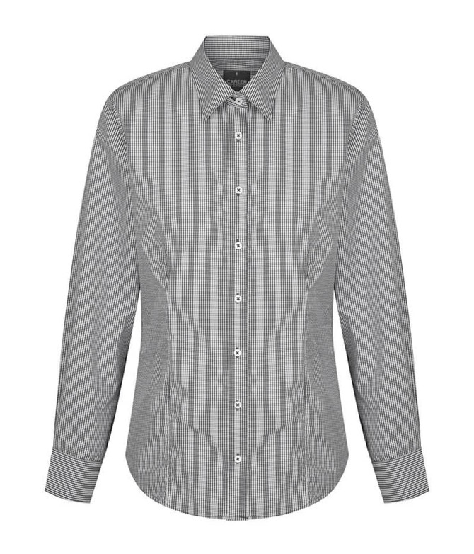 A button-up shirt in black and white gingham pattern with a classic collar and long sleeves. It has a branding logo.