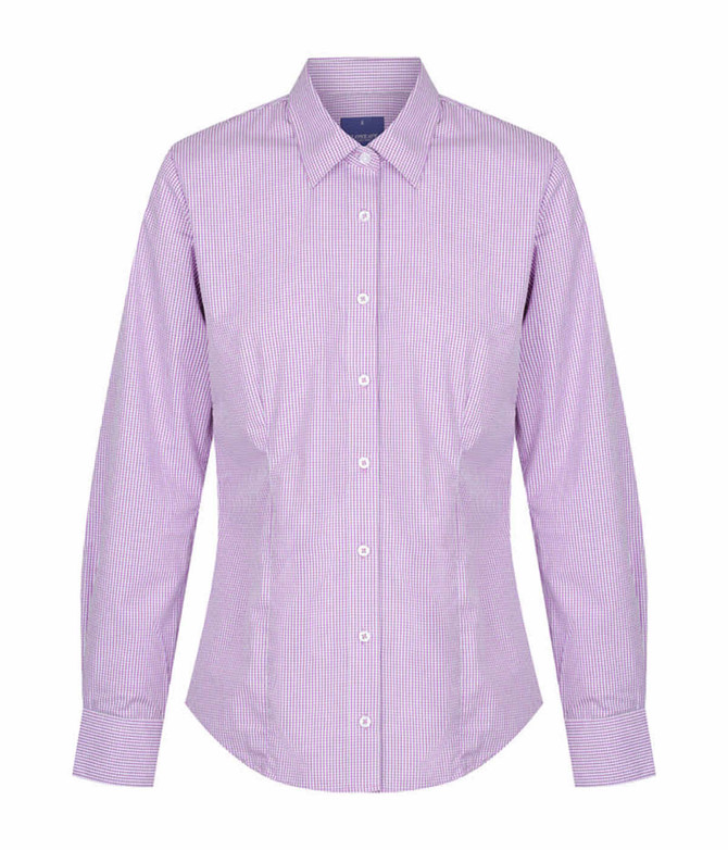 A button-up shirt in a purple and white gingham pattern, featuring a collar and long sleeves. It has a logo.