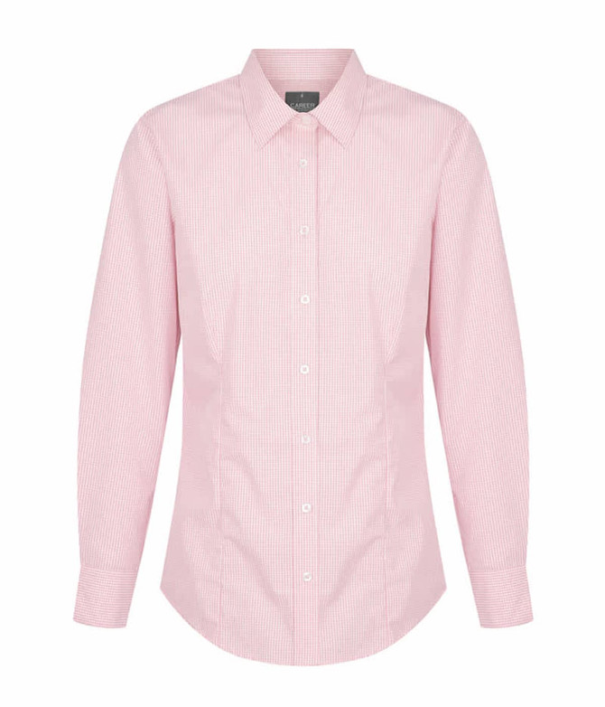 A button-up shirt in pink and white gingham pattern with a collar and long sleeves. Features a logo.