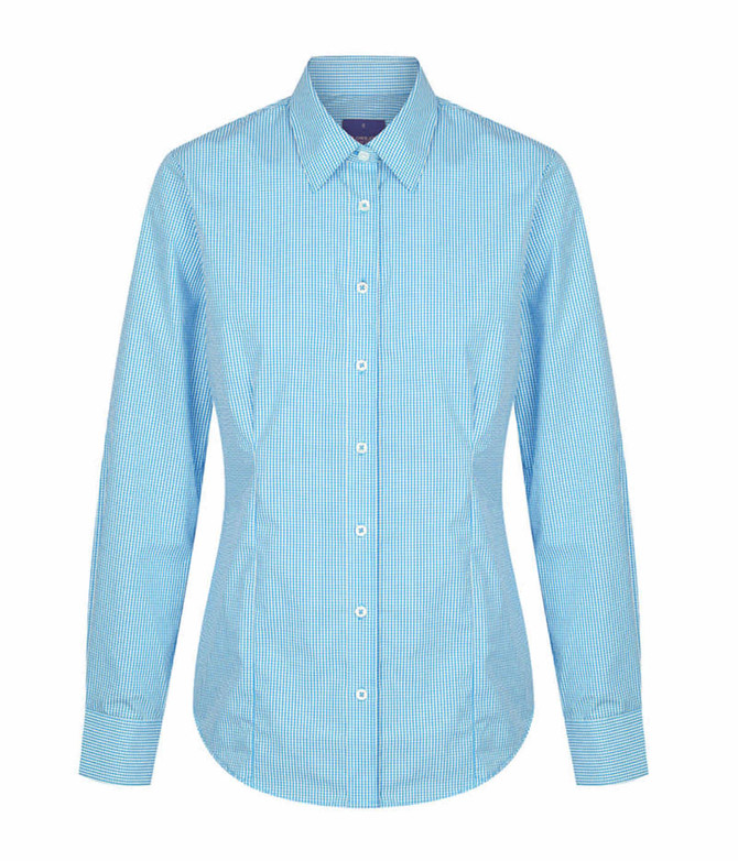 A button-up shirt in light blue gingham pattern with long sleeves and a collar, featuring a logo.
