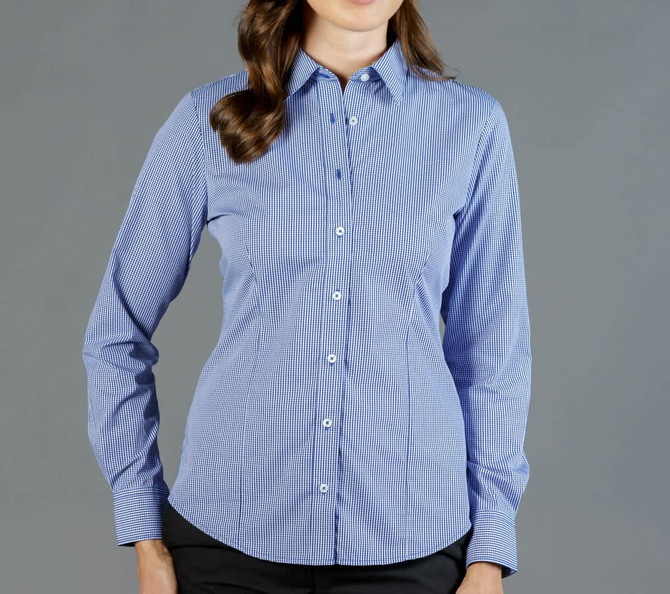 A blue and white gingham button-up shirt featuring a classic collar and long sleeves. It has a logo on the garment.